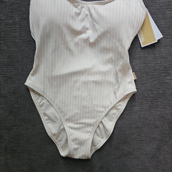 Michael Kors Women's bone Ribbed Square Tank One Piece Swimwear Swimsuit Size 8 - Picture 4 of 14
